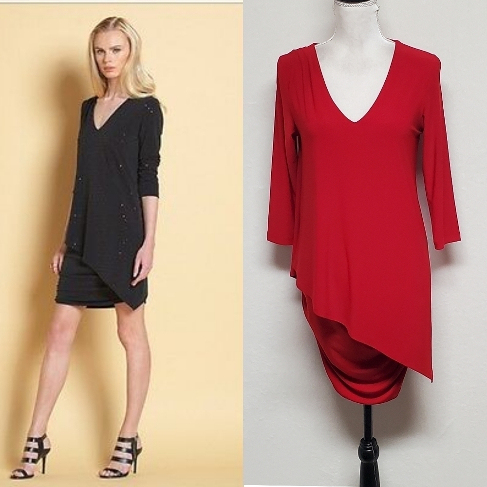 Clara Sunwoo Vintage Cherry Red Three-quarter Sleeve Asymmetric Midi Dress XS